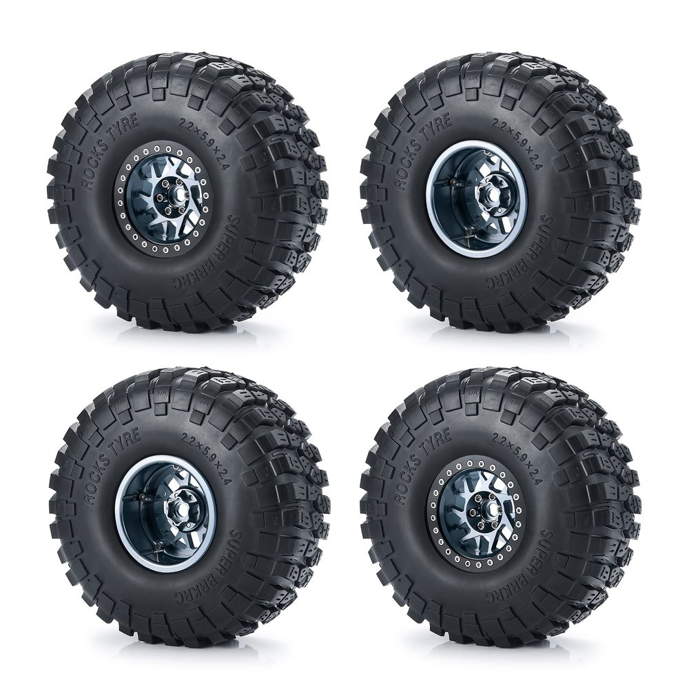 AXspeed 2.2-Inch Wheels with 150 mm Rubber Tires, 4-Piece Set for Axial RBX10 AXI03005 RR10 1/10 RC Crawler Car, Titanium & Black