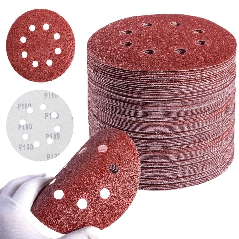 15-Piece 5-Inch 125 mm 8-Hole Aluminum Oxide Hook-and-Loop Sanding Discs, Grits 60–1200, Selected Grit 150
