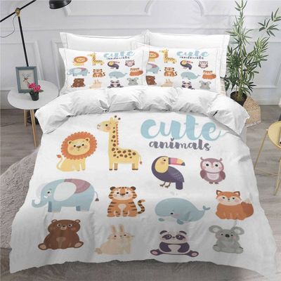 Aolity 4-Piece Bedding Set, 135 x 200 cm, Zoo Cartoon Design, with 2 Pillowcases