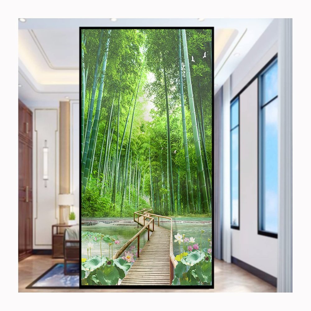 Siunwdiy Decorative Frosted Window Film, Green Forest Pattern, Static Cling, 3.60 × 130 cm (24 × 52 in)
