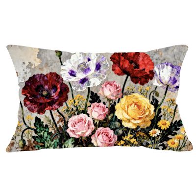 Ramirar Red Poppy Watercolor Velvet Lumbar Pillow Cover, White, 12 x 20 in