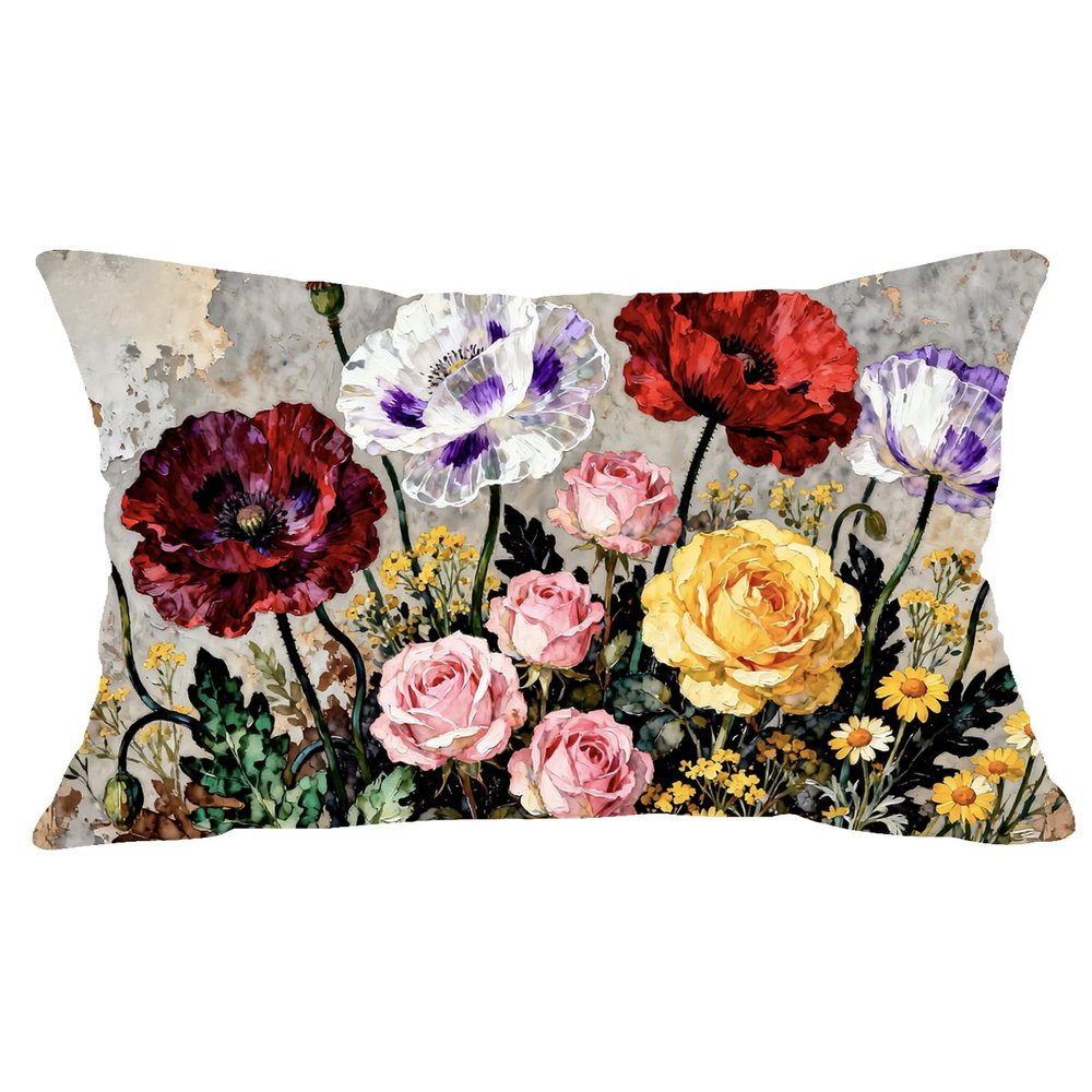 Ramirar Red Poppy Watercolor Velvet Lumbar Pillow Cover, White, 12 x 20 in