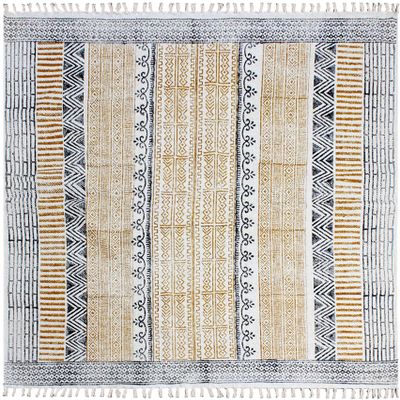 CASAVANI Hand-Block-Printed Cotton Rug, 100% Flatweave, Geometric Boho Tassel Rug, Easy-Wash, 240 x 300 cm (8 x 10 ft)