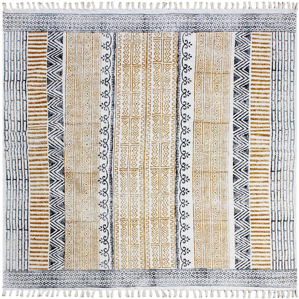 CASAVANI Hand-Block-Printed Cotton Rug, 100% Flatweave, Geometric Boho Tassel Rug, Easy-Wash, 240 x 300 cm (8 x 10 ft)