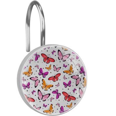 12-Pack Decorative Shower Curtain Hooks, Stainless Steel Rings with Pink Butterfly Pattern