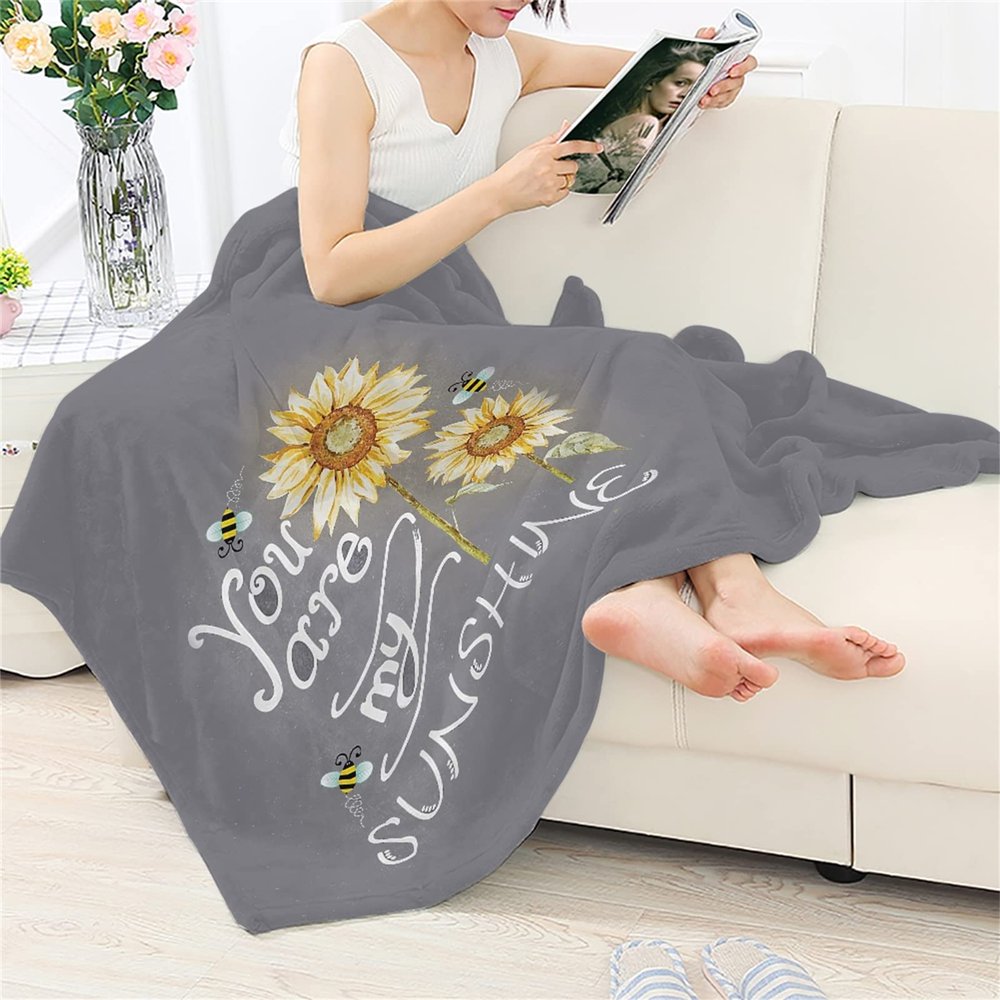 Dolyues Sunflower Bee Gray Fur Throw Blanket – You Are My Sunshine Cozy Fuzzy Plush Blanket, Air-Conditioning Quilt – M
