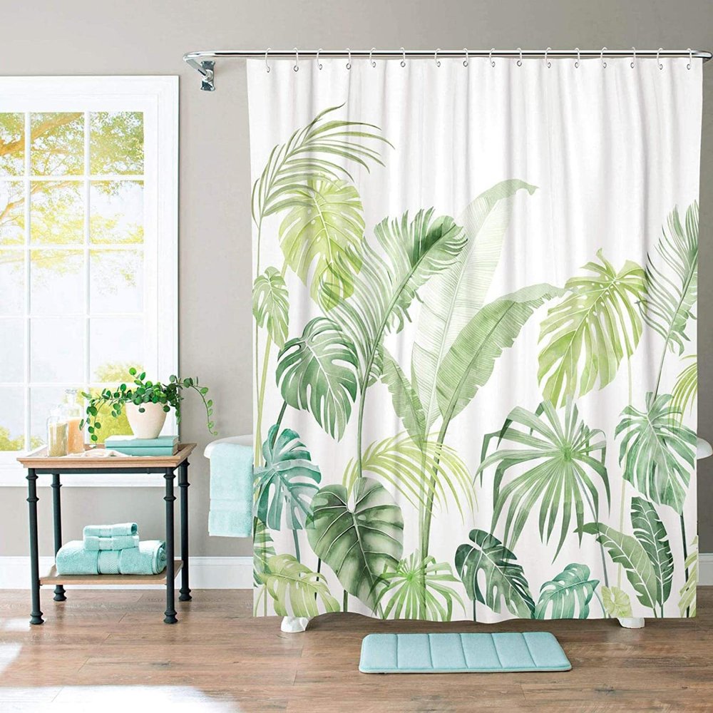 Tropical Monstera and Palm Leaf Shower Curtain with Hooks, Green/White, 200 x 240 cm (W x H)
