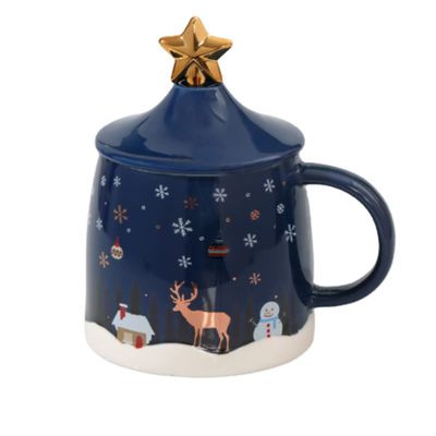 LUVYIMO Creative Christmas Mug with Lid, Ceramic Coffee Cup, Blue