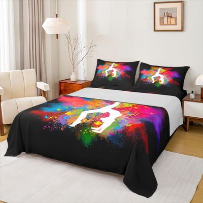Full-Size Gymnastics Dance Rainbow Watercolor Tie-Dye Bedding Set for Girls, Black