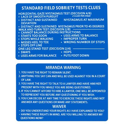 Miranda Warning Card, Laser-Engraved Metal, Standard Field Sobriety Test Instructions, 6-Pack, Blue