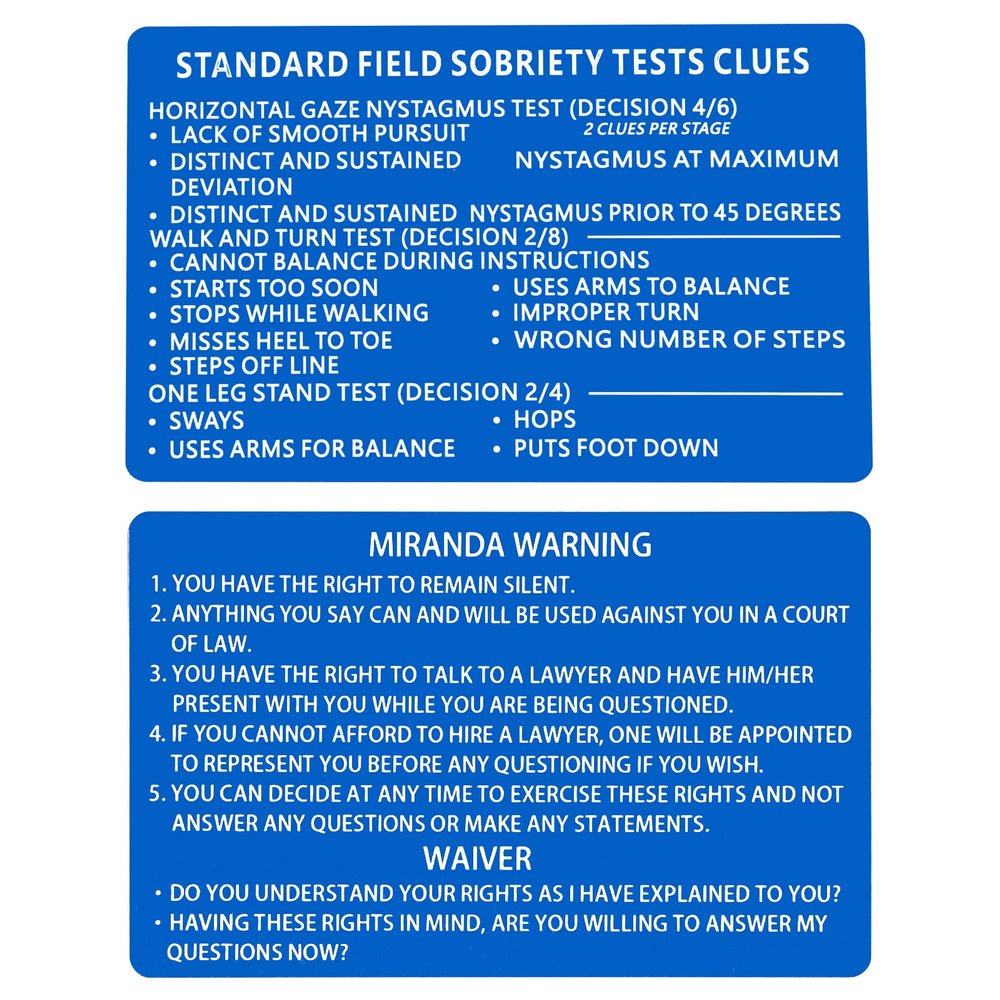 Miranda Warning Card, Laser-Engraved Metal, Standard Field Sobriety Test Instructions, 6-Pack, Blue
