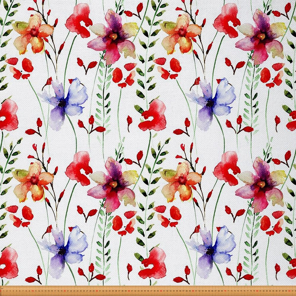 Poppy Floral Upholstery Fabric by the Yard, Watercolor Flowers, 460 x 150 cm