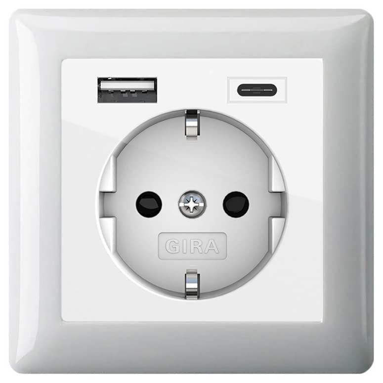 Gira 245903 Schuko Outlet with USB-A/USB-C, Shutter Protection, 1-Gang Standard 55 Frame, Pure White