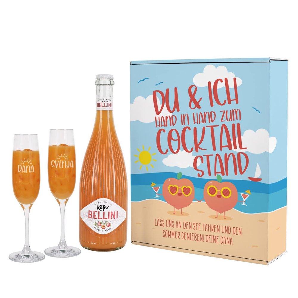Herz & Heim Friends Gift Set with Peach Bellini, Engraved Glasses & Personalized Gift Box
