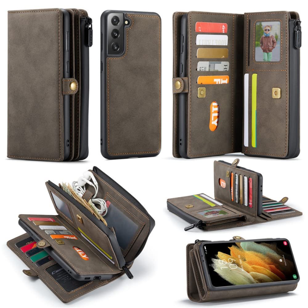 Leather Wallet Phone Case for Samsung Galaxy S22 Ultra, S21 Plus, S20 FE, Note 20, A52, A72, A51, A71 and iPhone 13 Mini, Zipper Card Wallet, Brown