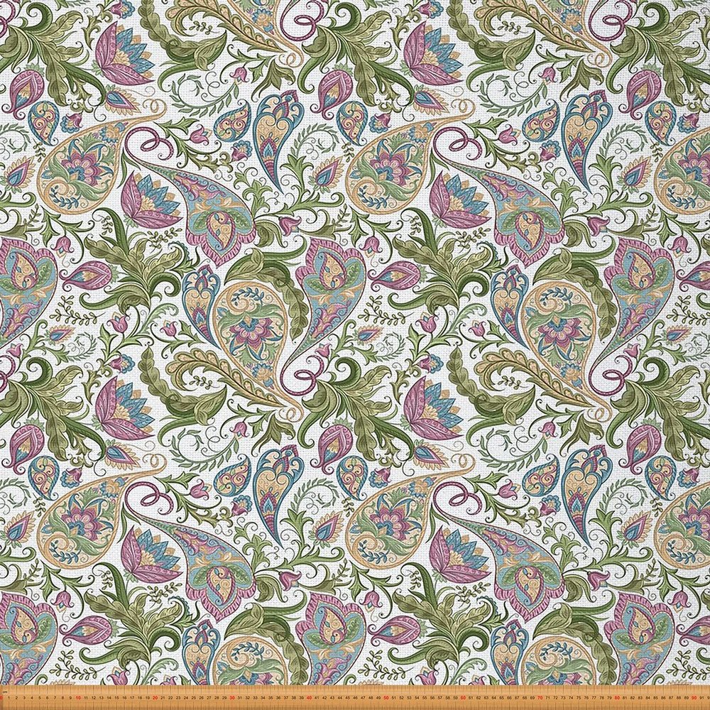 Boho Floral Paisley Upholstery Fabric, Waterproof Mandala Botanical Fabric, Green & Purple, 460 x 150 cm