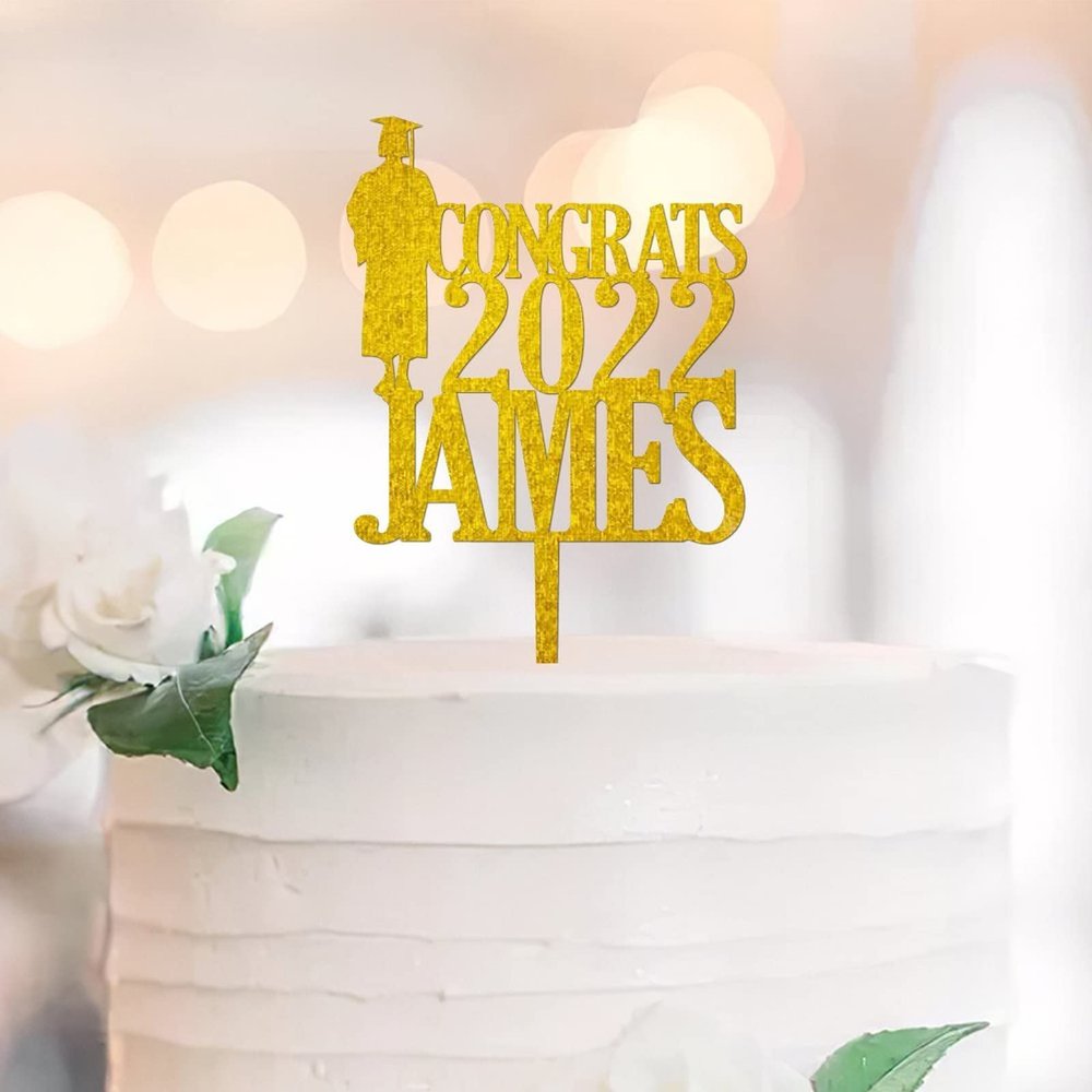 High School Graduation Cake Topper, Congrats 2022, Personalized Glitter Gold Graduation Cap, 15.2 cm