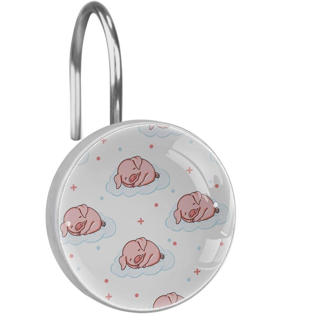 12-Pack Decorative Shower Curtain Hooks, Stainless Steel Rings with Pink Pig, Cloud and Star Charms