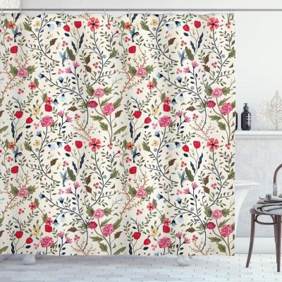 Waterproof Shower Curtain, 69 x 84 in (W x H), Floral Design with Colorful Birds, Roses & Nature Landscape