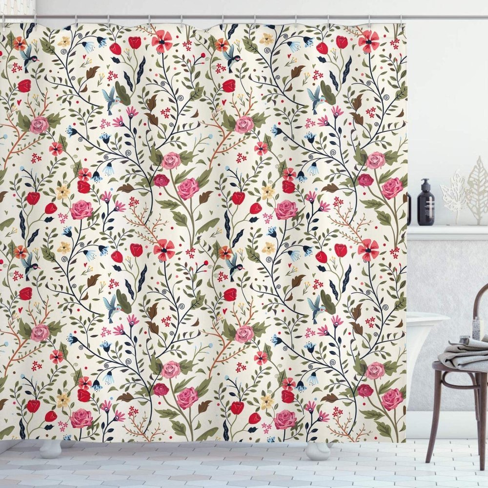 Waterproof Shower Curtain, 69 x 84 in (W x H), Floral Design with Colorful Birds, Roses & Nature Landscape