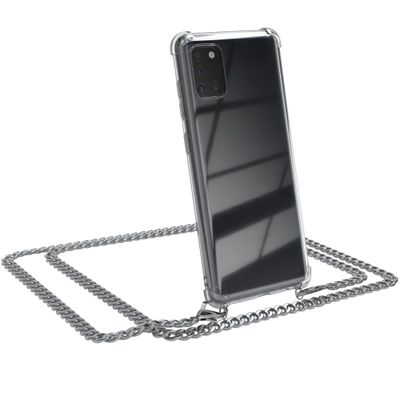 EAZY CASE Phone Lanyard Compatible with Galaxy A31, Case with Metal Crossbody Strap and Replacement Cord, Black, Metal Chain - Silver
