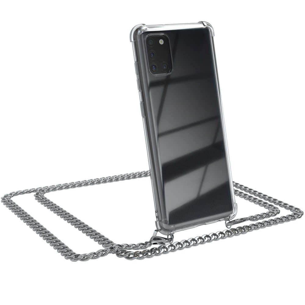 EAZY CASE Phone Lanyard Compatible with Galaxy A31, Case with Metal Crossbody Strap and Replacement Cord, Black, Metal Chain - Silver