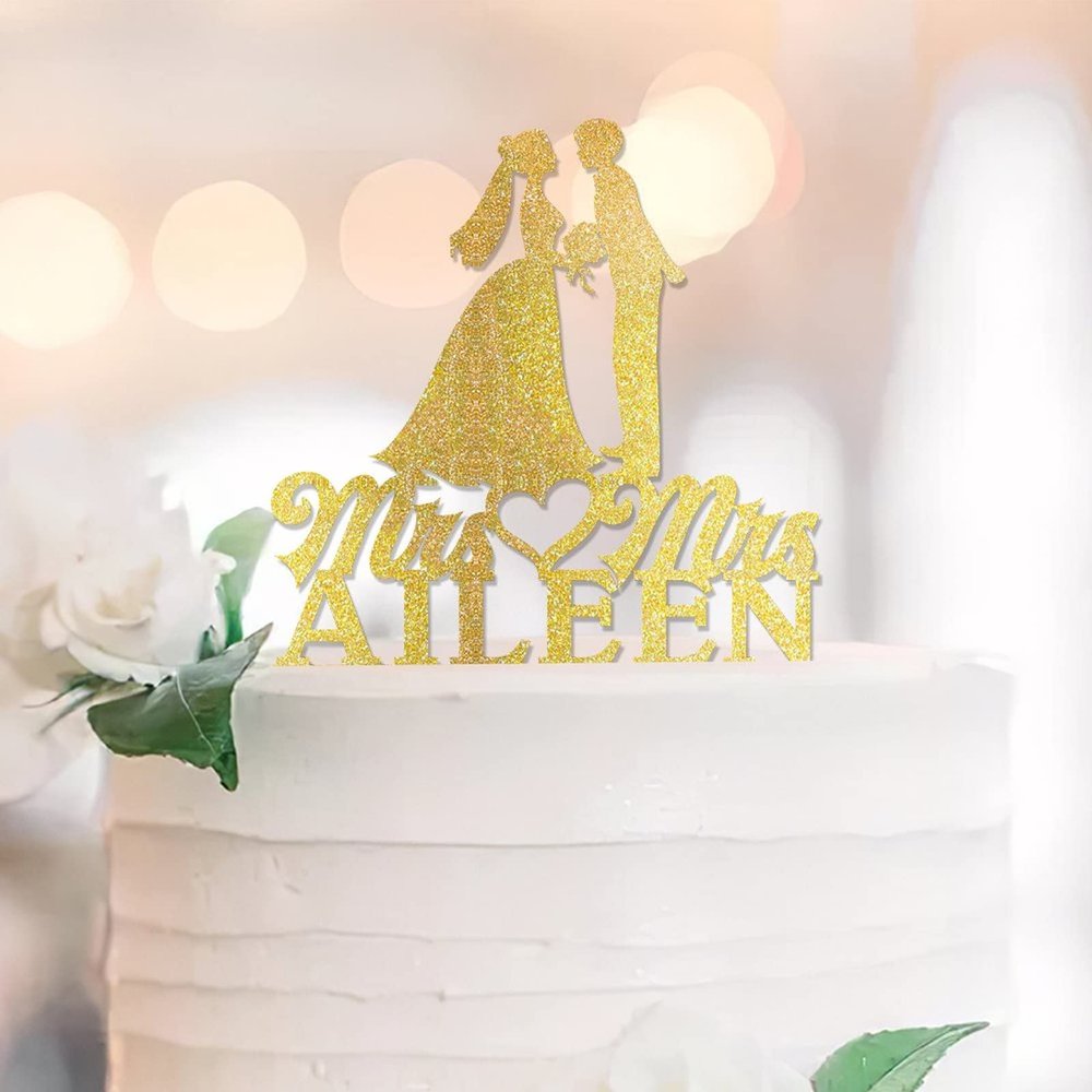 Mrs. & Mrs. Lesbian Wedding Cake Topper, 2-Women Silhouette, Glitter Gold, 15.2 cm