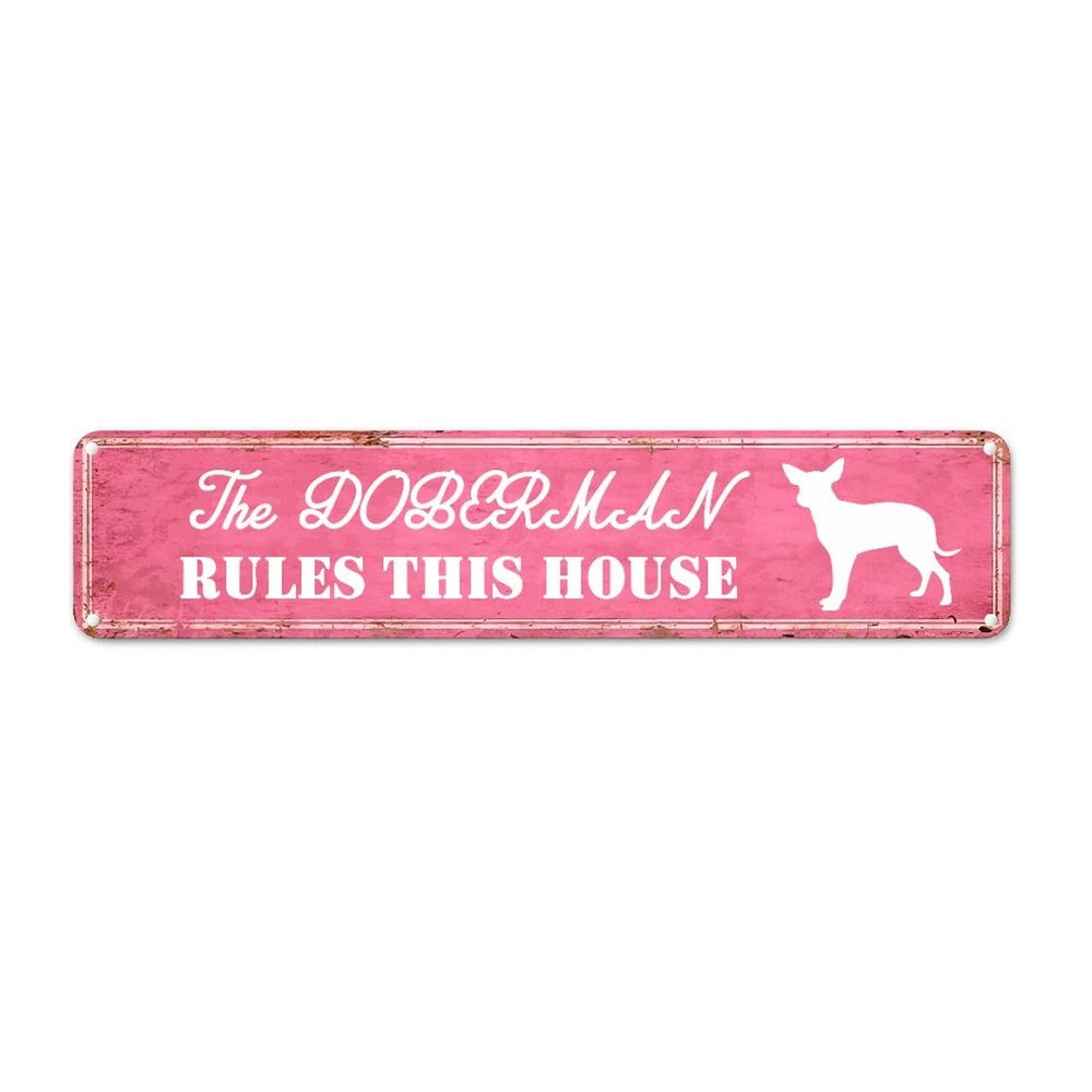 Jack Russell Terrier Street Sign, Customized Dog Rules This House, Vintage Pink Metal Sign
