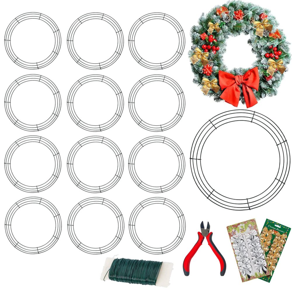 14-Piece Metal Wreath Frames, Dark Green Wire, 14 in. Round Wreath Rings for Christmas, New Year, Parties, Crafts, Valentine's Day and Home Decor
