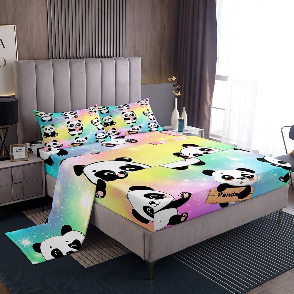 Erosebridal Cartoon Panda 4-Piece Sheet Set for Girls and Boys, Pastel Rainbow Design, Soft Microfiber