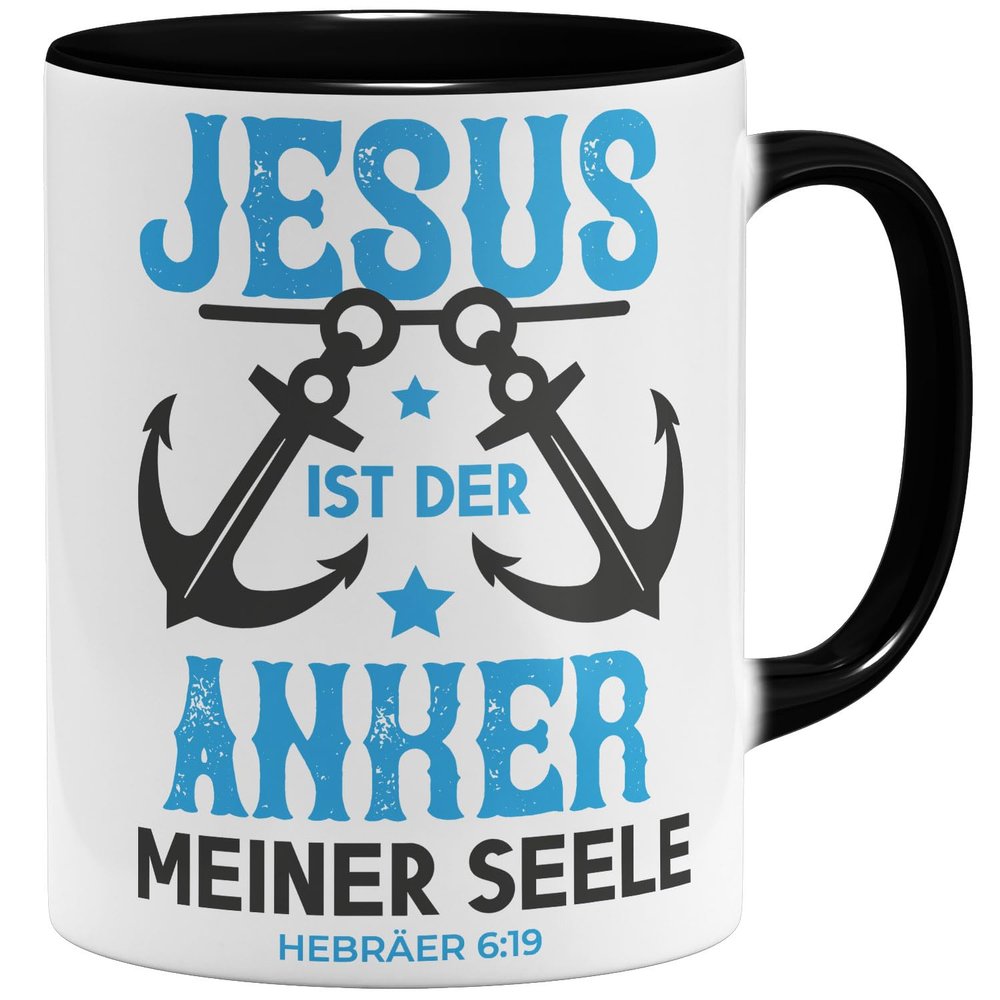 OM3 Jesus Is the Anchor of My Soul Coffee Mug II, Hebrews 6:19 – Black Ceramic Mug, 325 ml, Printed on Both Sides