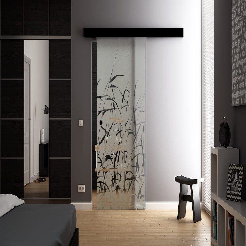 Soft-Close Glass Sliding Door 1025 x 2175 mm, Reed Grass Design, Sadora SlimLine System