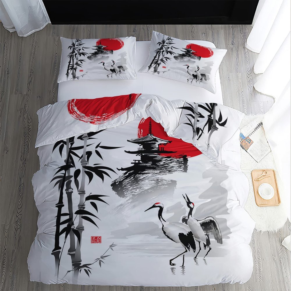 Japanese Crane Bamboo Duvet Cover Set 200 x 220 cm, 3-Piece
