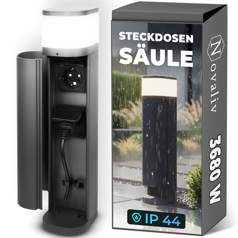 Novatool Anthracite Round Bollard Light with 2-Way Outdoor Socket, Cover and IP44