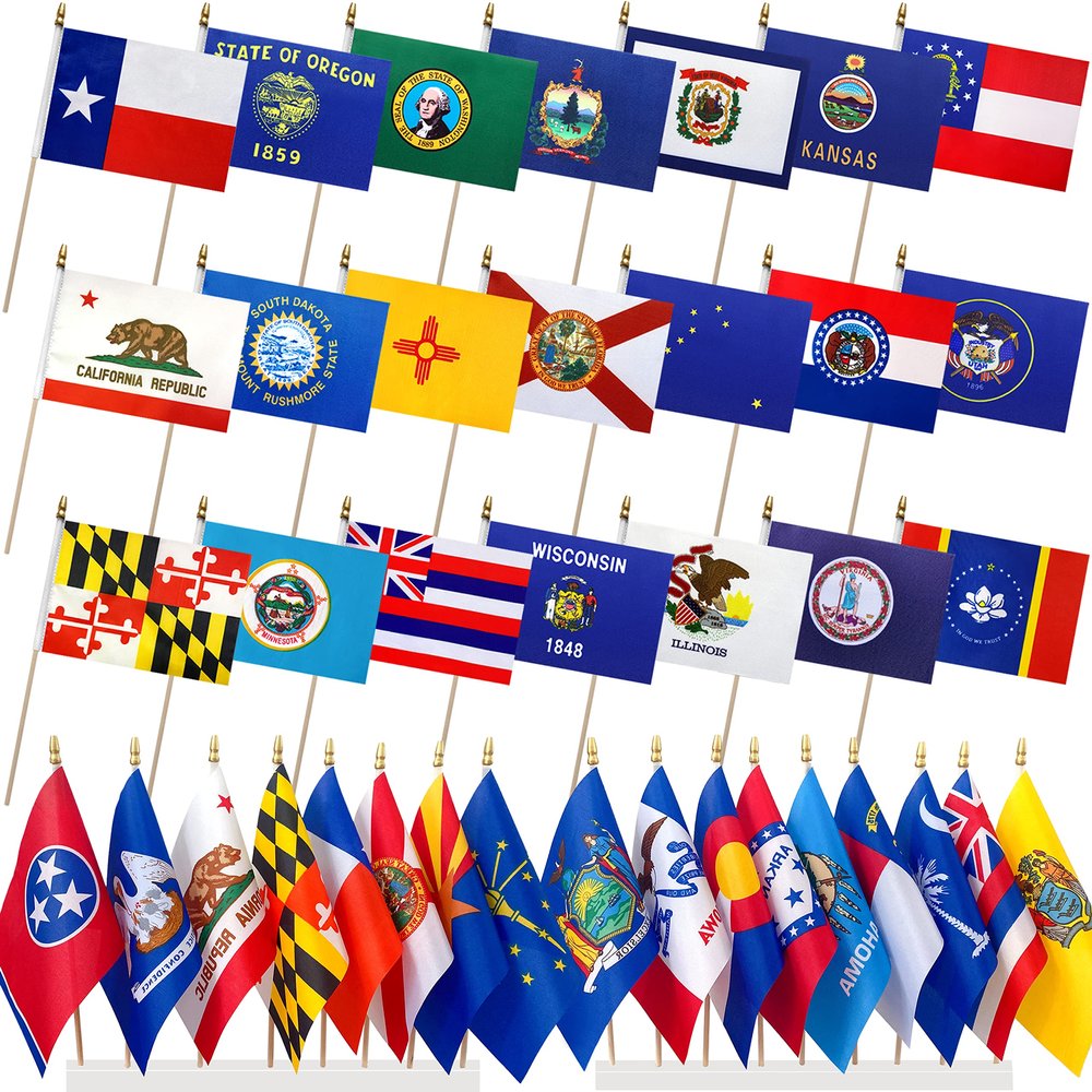 LoveVC Set of 50 National Flags on Wooden Sticks, Mini Hand Flags, 12.7 x 20.3 cm