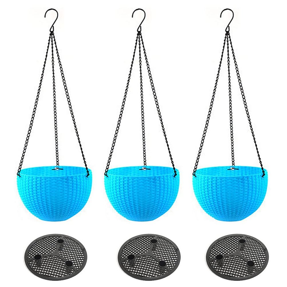 ZhuiKun Hanging Plastic Flower Pots with Drainage Hole, Hanging Planter Basket, Indoor/Outdoor, Blue, PT, 3 Pcs, S