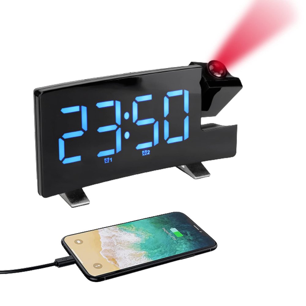 Goshyda Digital Projection Alarm Clock with 180° Rotation, FM Radio and USB Charging, Blue Digits