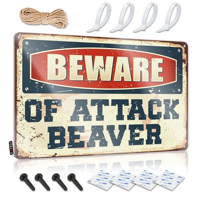 Beware of Attack Beaver Metal Bar Sign, 30 x 40 cm