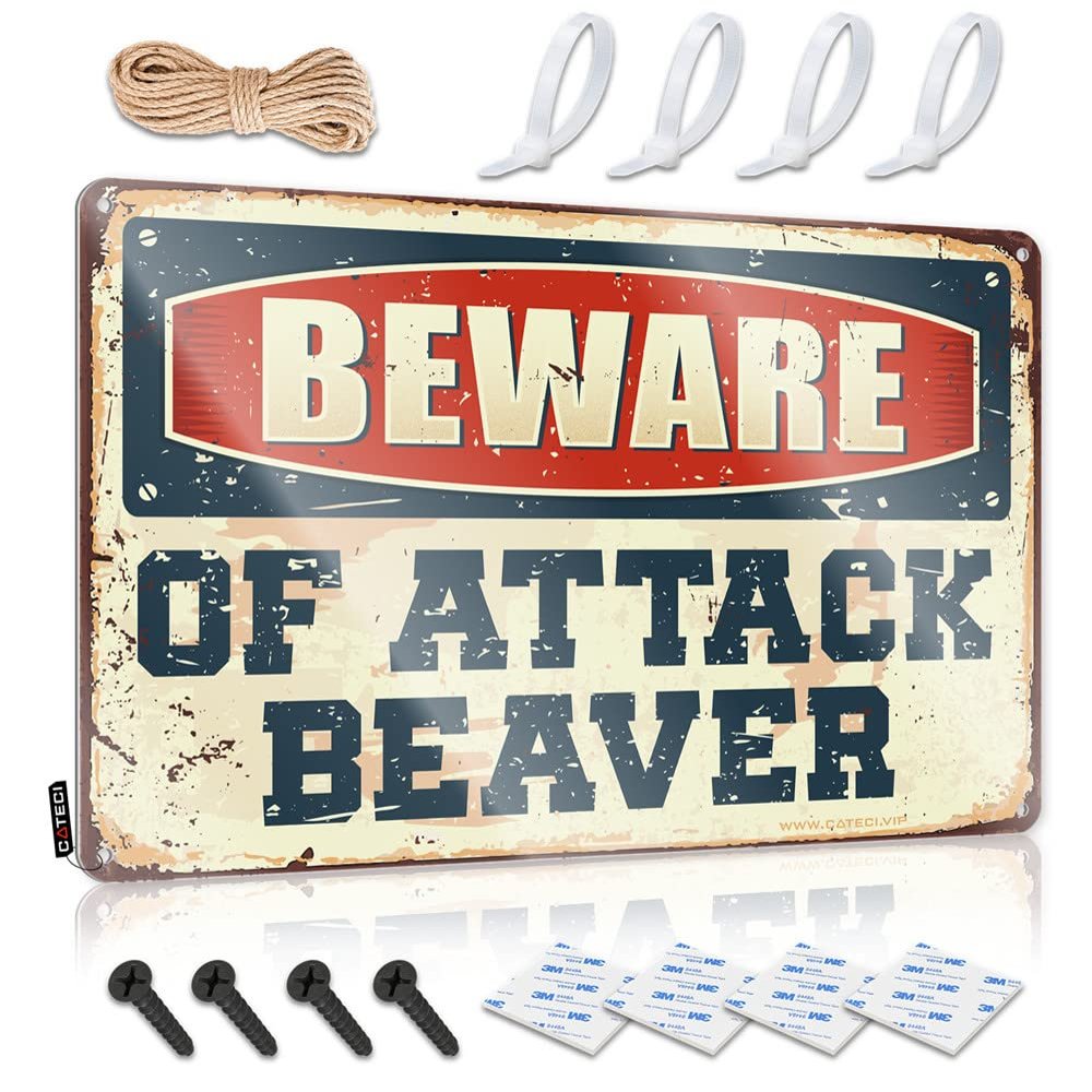 Beware of Attack Beaver Metal Bar Sign, 30 x 40 cm
