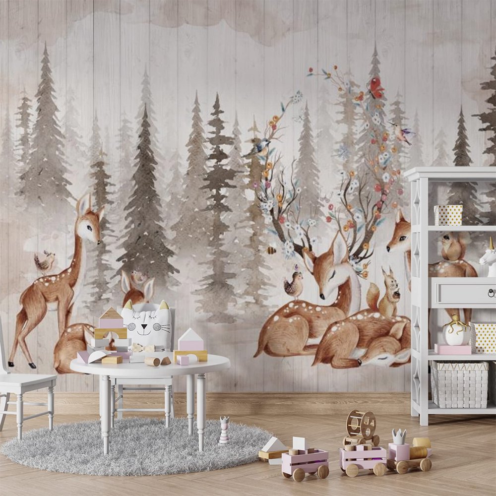 TANYANG Custom Watercolor Forest 3D Wallpaper Mural for Children's Room, Green Animals, 200 x 140 cm