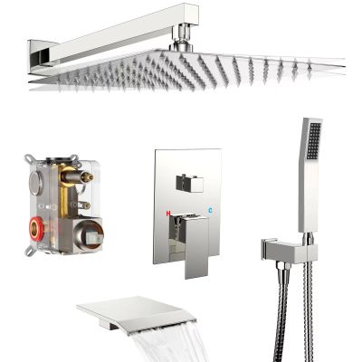30.5 cm Rain Shower System with Tub Spout, Waterfall Showerhead, Rough-In Valve Body and Trim Kit, Polished Chrome
