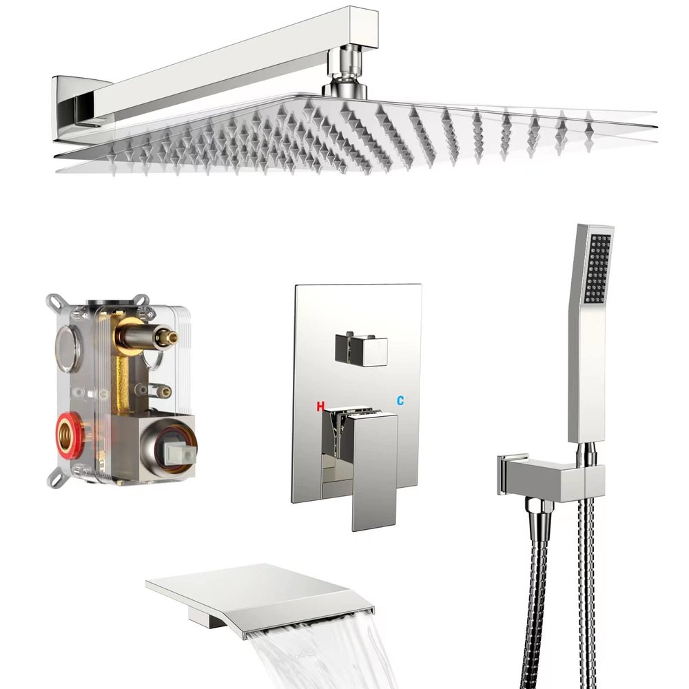 30.5 cm Rain Shower System with Tub Spout, Waterfall Showerhead, Rough-In Valve Body and Trim Kit, Polished Chrome