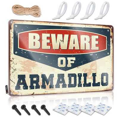 Metal Sign "Beware of Armadillo," Inappropriate Gift, Bedroom Decor, 12 x 16 in