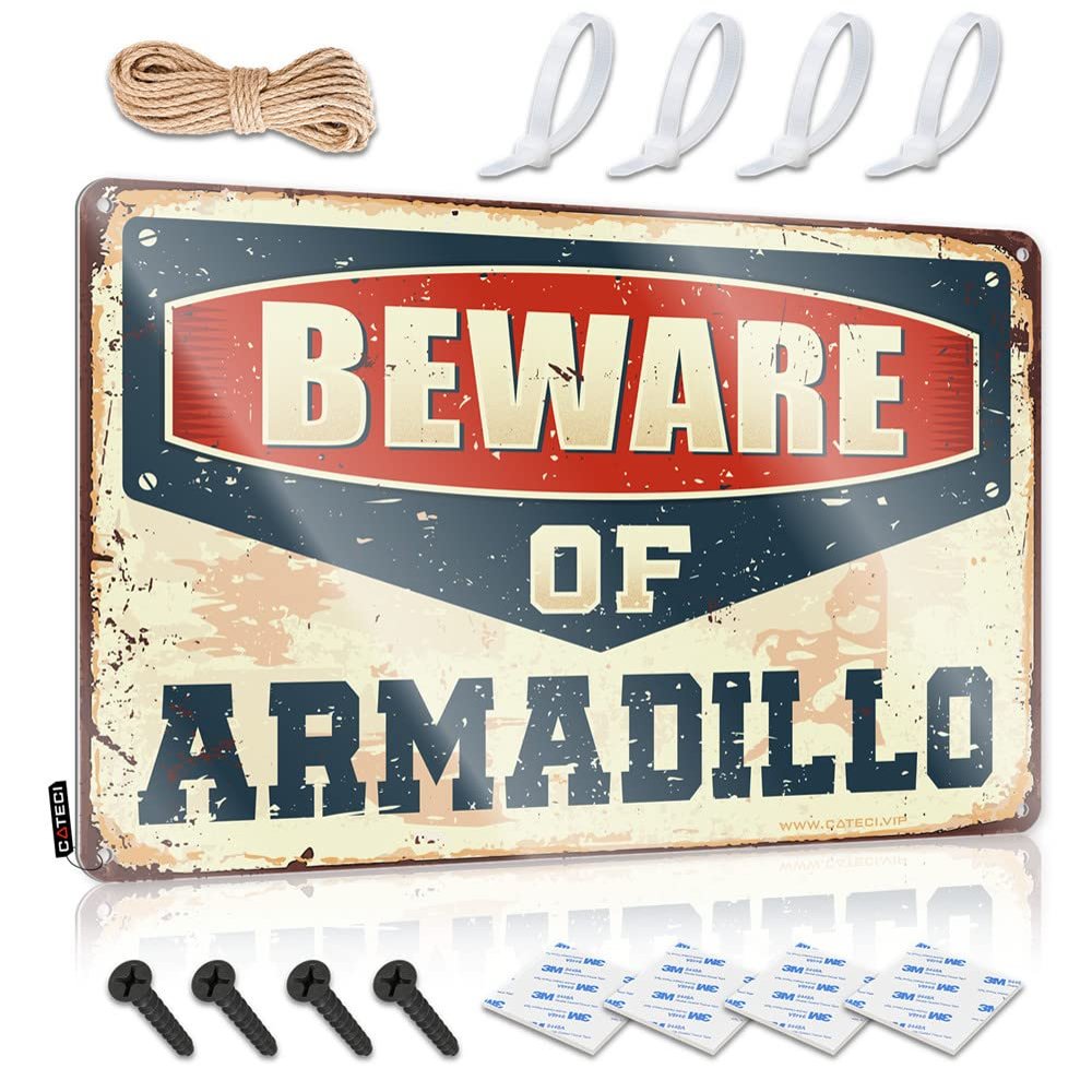 Metal Sign "Beware of Armadillo," Inappropriate Gift, Bedroom Decor, 12 x 16 in
