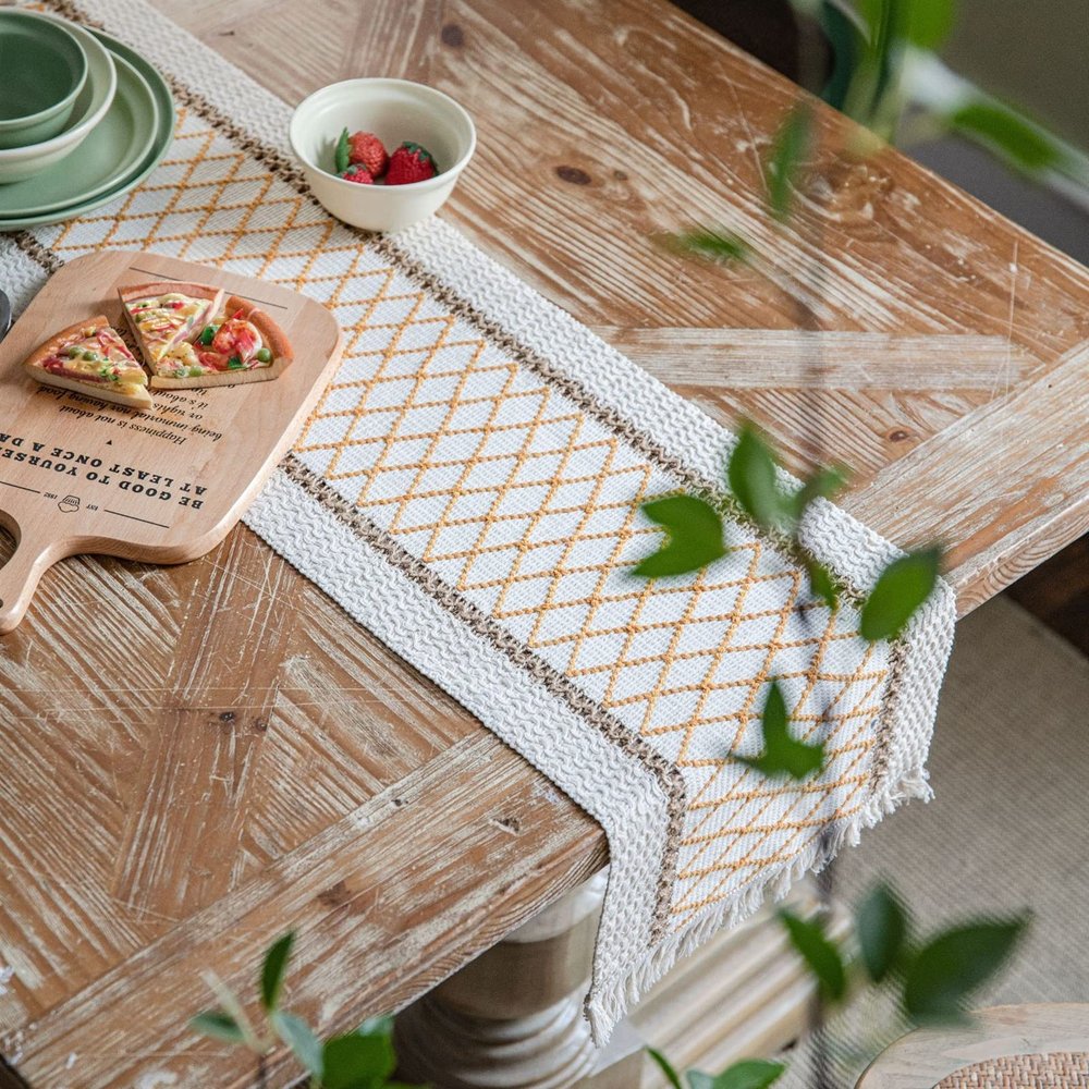 Elegant Luxury Thick Felt Table Runner with Tassels, Natural Cotton Burlap, Bohemian Style