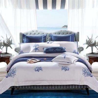 RhineCart Basics Blue Embroidered White Egyptian Cotton Duvet Cover Set, US Queen 6-Piece