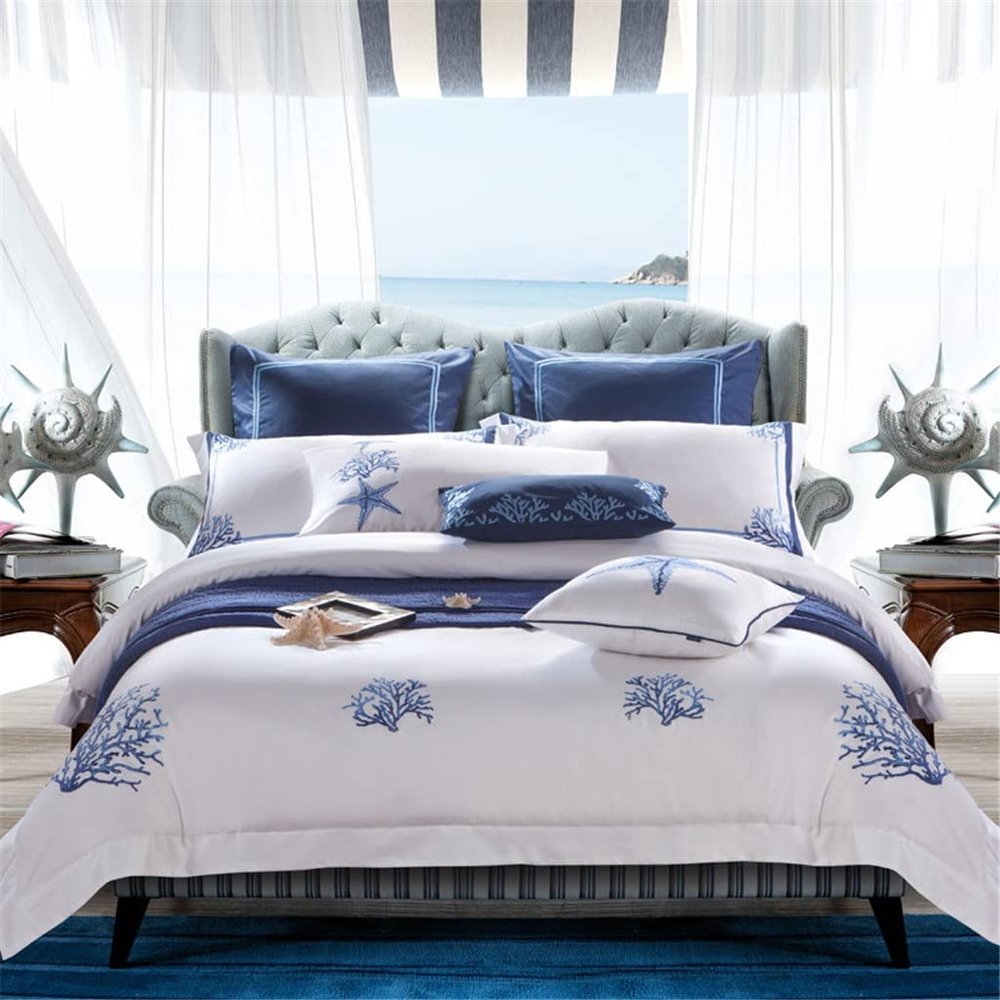 RhineCart Basics Blue Embroidered White Egyptian Cotton Duvet Cover Set, US Queen 6-Piece