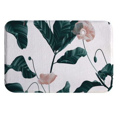 A.Monamour Non-Slip Absorbent Botanical Flannel Bath Mat, Pink Flowers and Green Leaves, 40 x 120 cm