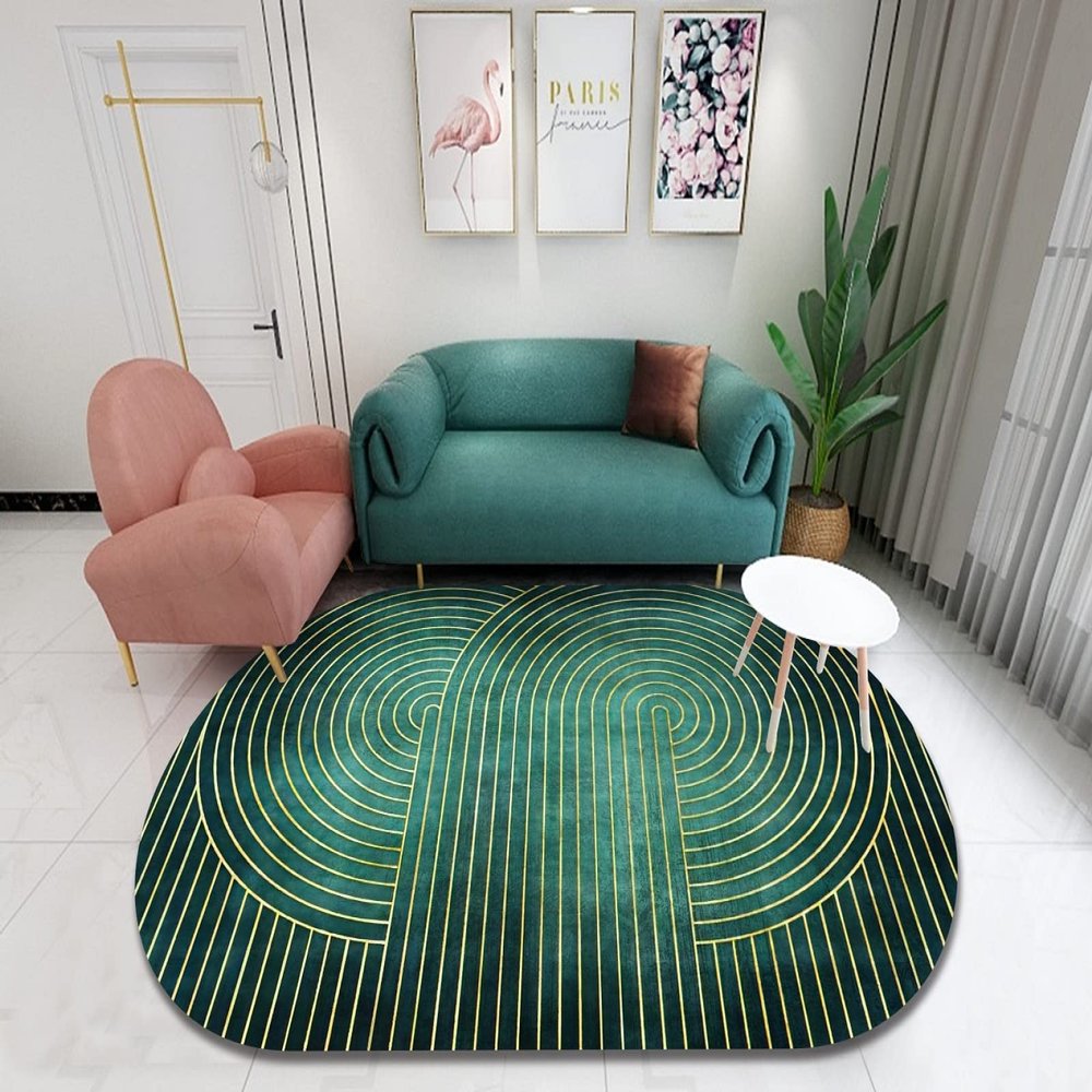 Medium Oval Washable Non-Slip Rug, Dark Green and White, 140 x 200 cm