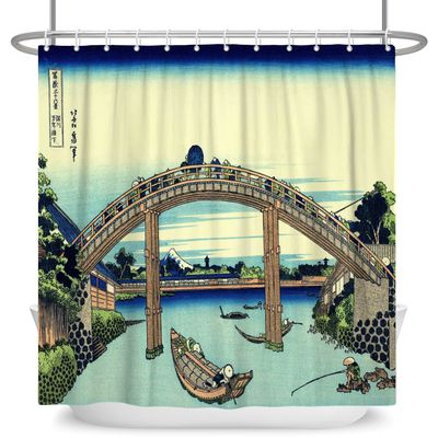 SDOTPMT 178 x 183 cm Vintage Japanese Ukiyo-e Bridge & Mount Fuji Shower Curtain with Hooks